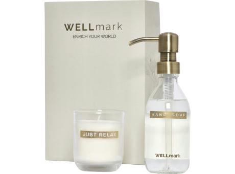 Dispensador de jabón de manos de 250 ml y juego de velas aromáticas de 150 g con fragancia de lino fresco Wellmark Discovery
