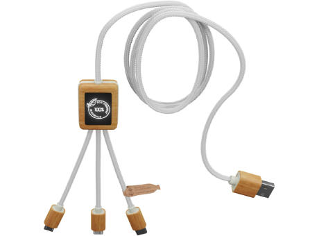 Cable de carga 3 en 1 de PET reciclado con logotipo retroiluminado y estuche cuadrado de bambú SCX.design C39