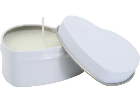 Vela con forma de corazón y aroma de vainilla en caja metálica 