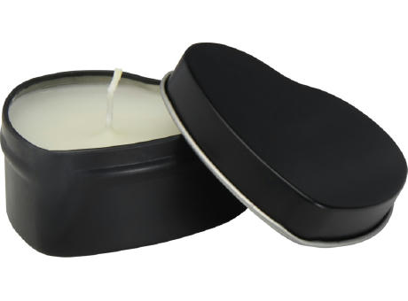 Vela con forma de corazón y aroma de vainilla en caja metálica 