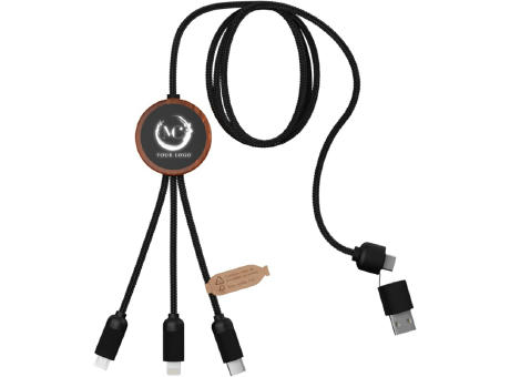 Cable de carga de 40 W 5 en 1 de PET reciclado con logo retroiluminado y estuche redondo de madera SCX.design C37