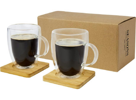 Dos tazas de vidrio de doble pared de 350 ml con posavasos de bambú Manti 