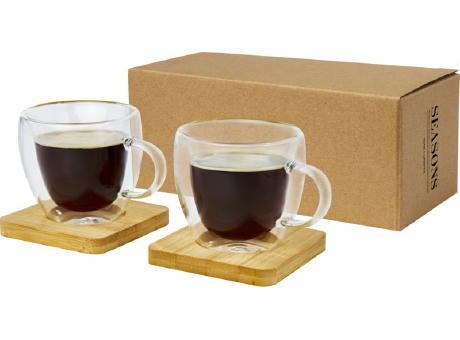 Dos tazas de vidrio de doble pared de 100 ml con posavasos de bambú Manti 