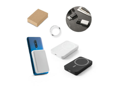 AMPERE 5. Power bank magnético de 5'000 mAh con cargador inalámbrico superrápido de 15W en ABS reciclado (100% rABS)