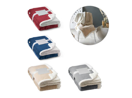 HEIDEN. Manta polar reversible (190 g/m²) con cinta de raso y tarjeta personalizada