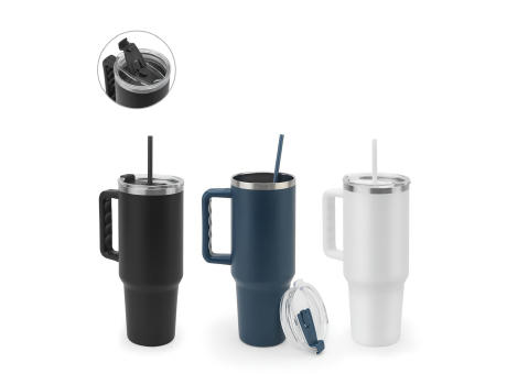 JOYNER XL. Vaso de viaje grande de acero inoxidable (91 % reciclado) con aislamiento al vacío de doble pared y acabado mate de 1300 ml