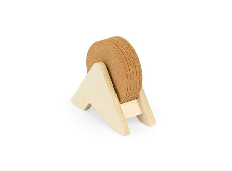 PLYCORK. Soporte de madera contrachapada con 6 posavasos de corcho