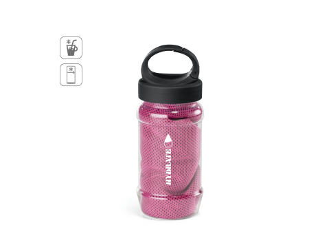 ARTX PLUS. Conjunto que incluye una botella hecha en PP y PET y una toalla refrescante deportiva de poliamida y poliéster