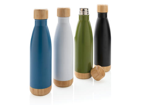Botella acero inoxidable al vacío con tapa y fondo de bambú