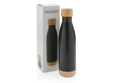 Botella acero inoxidable al vacío con tapa y fondo de bambú