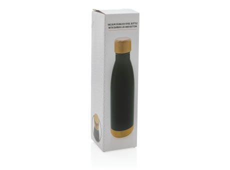 Botella acero inoxidable al vacío con tapa y fondo de bambú