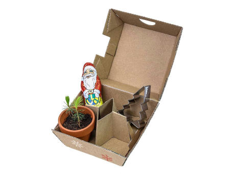 Geschenk-Set Xmas - V2 - Tontöpfchen, Schoko-Nikolaus und Backförmchen Tannenbaum