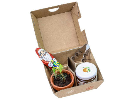 Geschenk-Set Xmas - V3 - Tontöpfchen, Schoko-Nikolaus, Backförmchen Tannenbaum und ein Gläschen Orangenmarmelade