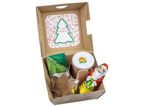 Geschenk-Set Xmas - V5 - Samen-Stick Fichte, Backförmchen Stern, ein Gläschen Orangenmarmelade und Schoko-Nikolaus