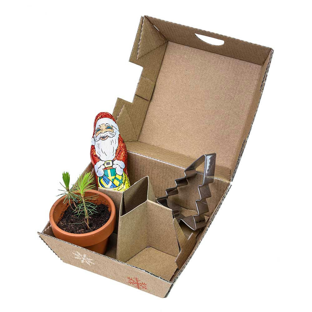 Geschenk-Set Xmas - V2 - Tontöpfchen, Schoko-Nikolaus und Backförmchen Tannenbaum