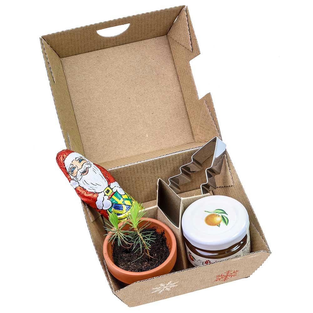 Geschenk-Set Xmas - V3 - Tontöpfchen, Schoko-Nikolaus, Backförmchen Tannenbaum und ein Gläschen Orangenmarmelade