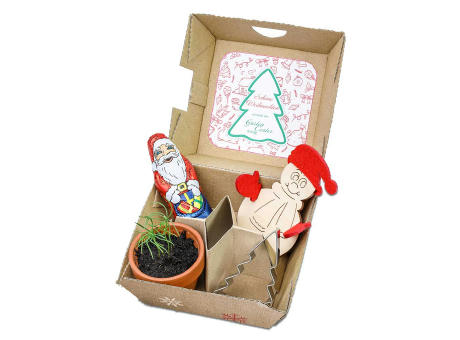 Geschenk-Set Xmas - V4 Tontöpfchen, Schoko-Nikolaus, Backförmchen Tannenbaum und  Steckfigur Schneemann aus Holz-Filz