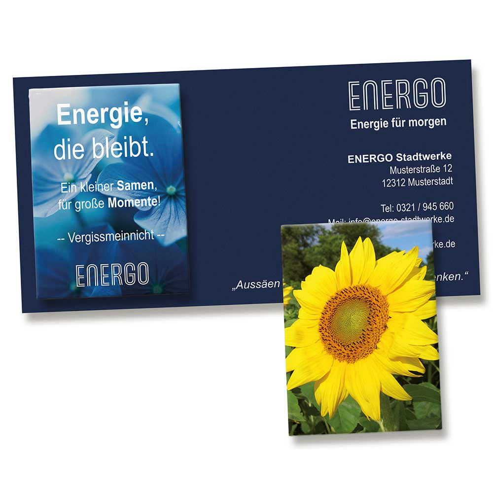 Samentütchen auf Werbekarte - Sonnenblumen