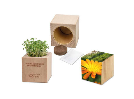 Pflanz-Holz Grande mit Samen - Ringelblume, 2 Seiten gelasert