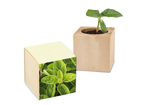 Pflanz-Holz mit Samen (Graspapier-Banderole) - Majoran, 2 Seiten gelasert