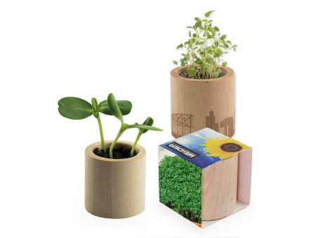 Pflanz-Holz rund mit Samen - Gartenkresse, Rundum-Lasergravur