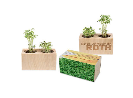 Pflanz-Holz 2er Set mit Samen - Gartenkresse, 1 Seite gelasert