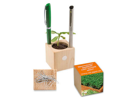 Pflanz-Holz Büro mit Samen - Gartenkresse, 1 Seite gelasert