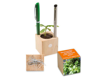 Pflanz-Holz Büro mit Samen - Kräutermischung, 1 Seite gelasert