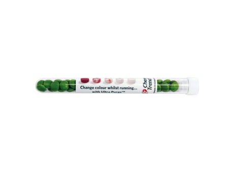 Schoko-Linsen in grün im Reagenzglas - Etikett