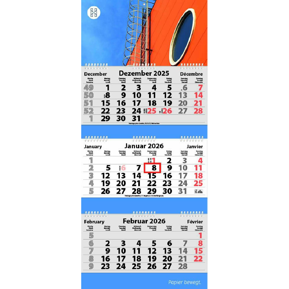 3-Monats Faltkalender "Tres-Deluxe Ring-Wire"