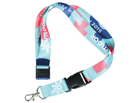 LANYARD SULFO SUBLIMACIÓN 25 X 450 MM ENGANCHE METÁLICO + CLICK CLACK + CIERRE SEGURIDAD
