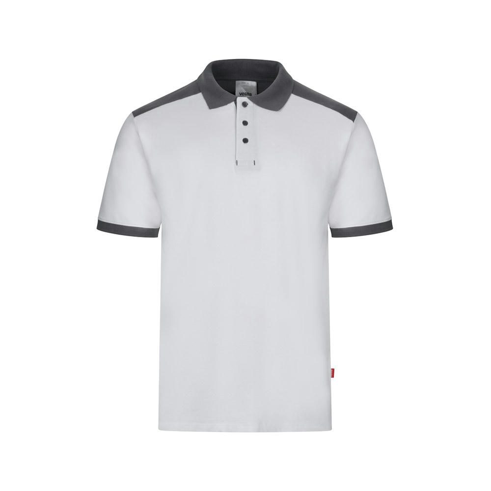 VL VELES. Zweifarbiges Stretch-Piqué-Poloshirt (200 g/m²) mit kurzen Ärmeln, aus Polyester (96 %) und Elastan (4 %)