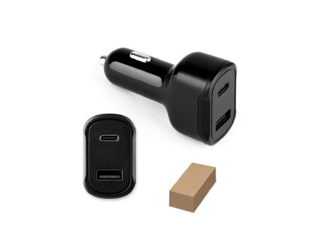 DIRAC. KFZ-Ladegerät mit USB-A Anschluss 18W und USB-C 20W in 100% rABS