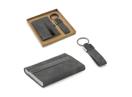 VAUGHN. Set bestehend aus einem Kartenhalter und einem Schlüsselhalter, beide aus Metall und recyceltem Polyester (30% rPET)