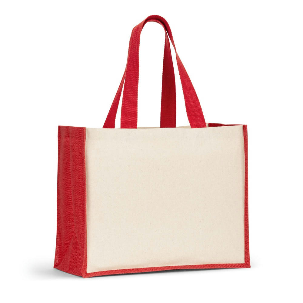 HELSINQUE COLOUR. Tasche aus Canvas (320 g/m²), mit Boden und Seiten aus farbig laminierter Jute (350 g/m²)