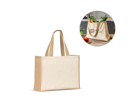 HELSINQUE. Tasche aus Canvas (320 g/m²), mit Boden und Seiten aus laminierter Jute (350 g/m²) in Naturtönen