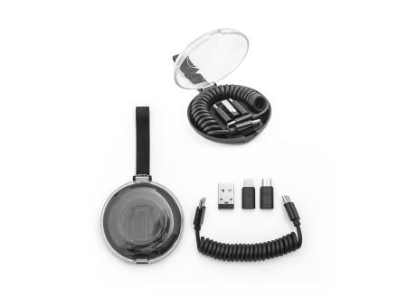 SHELDON. Kompakte Box mit Spiralkabel, Schnellladefunktion und Adaptern