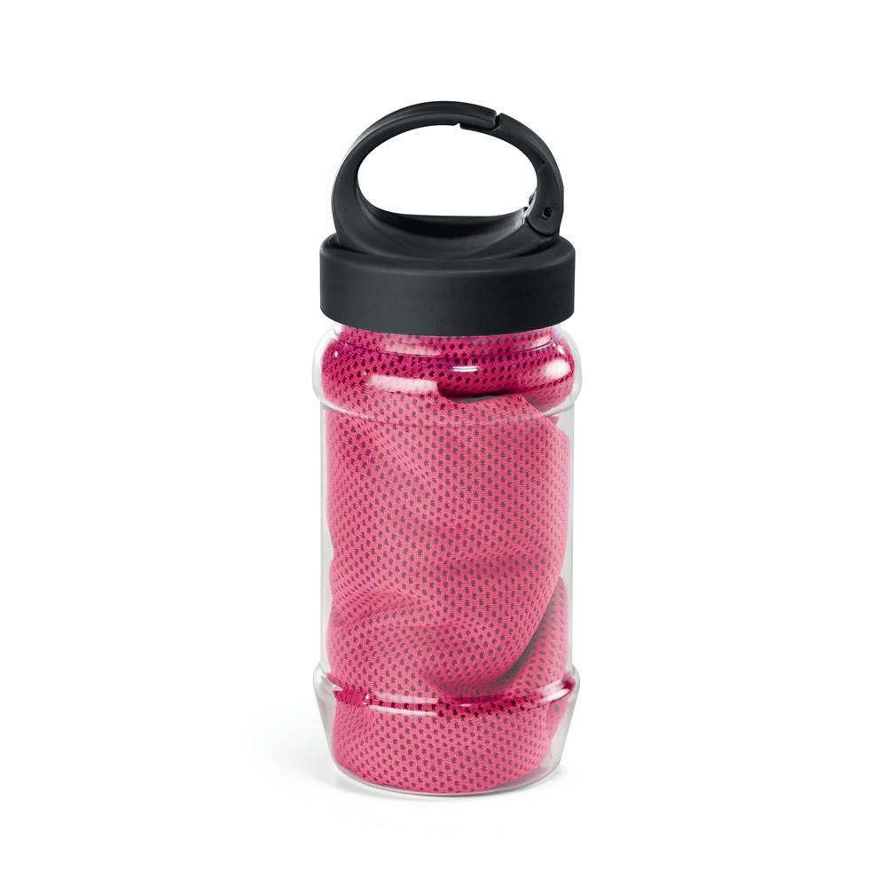 ARTX PLUS. Sporthandtuch aus Polyamid und Polyester mit Flasche (440 mL) aus PP und PET und einem integrierten Karabinerhaken am Deckel