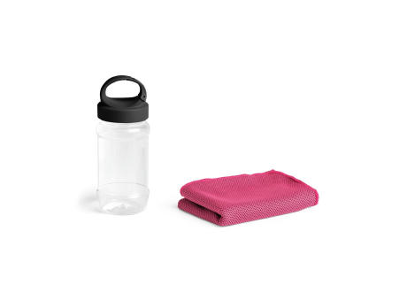 ARTX PLUS. Sporthandtuch aus Polyamid und Polyester mit Flasche (440 mL) aus PP und PET und einem integrierten Karabinerhaken am Deckel