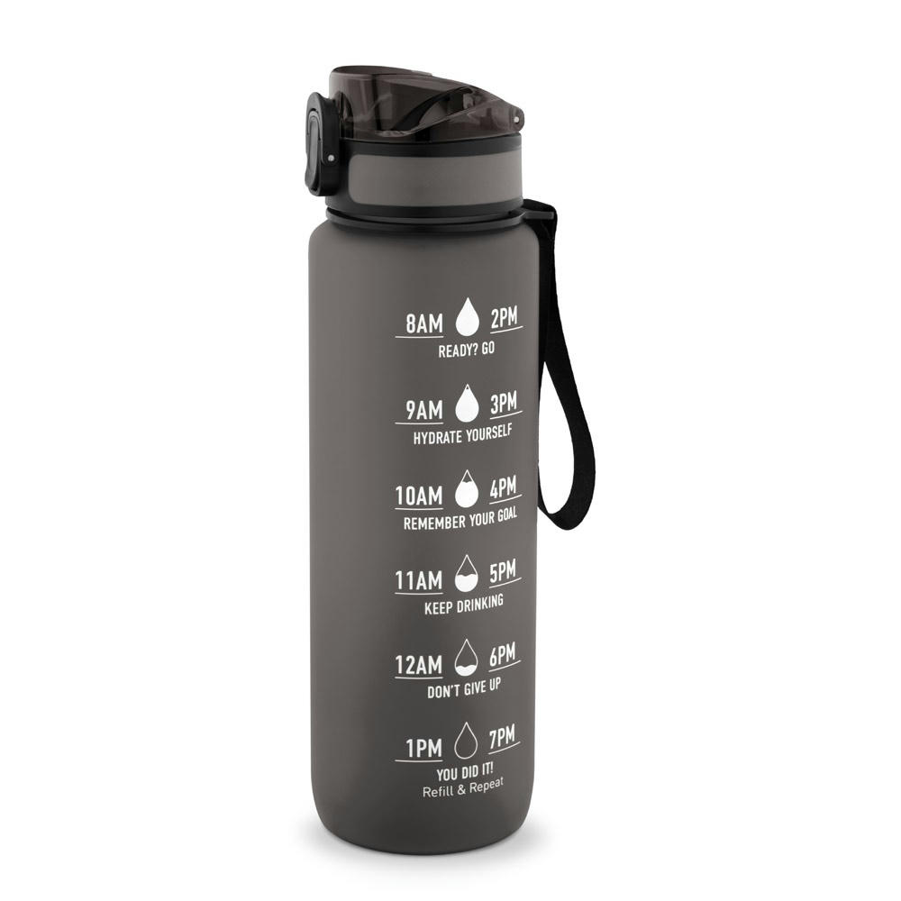 ERIKSSON. Flasche aus recyceltem PET (100 % rPET) mit motivierenden Sprüchen und Zeitmarkierungen, die zum Wassertrinken anregen