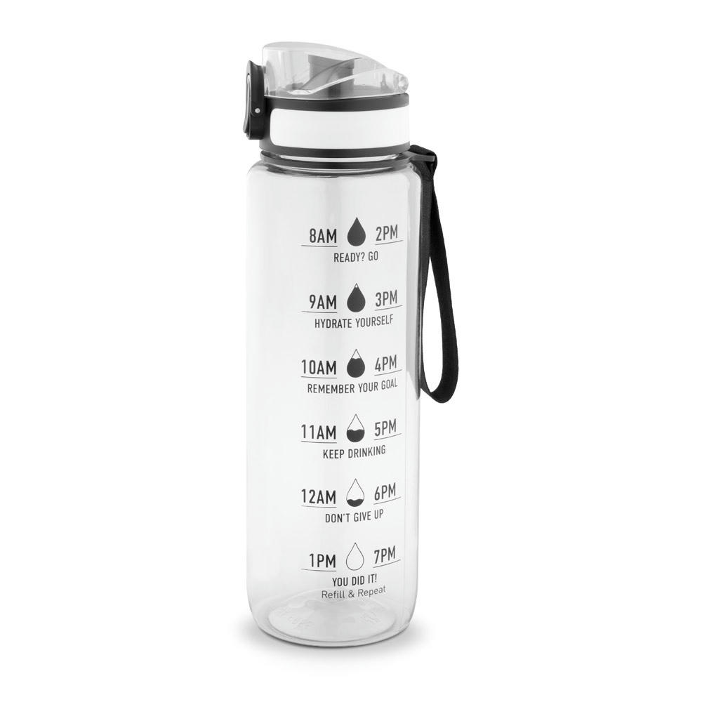 ERIKSSON. Flasche aus recyceltem PET (100 % rPET) mit motivierenden Sprüchen und Zeitmarkierungen, die zum Wassertrinken anregen