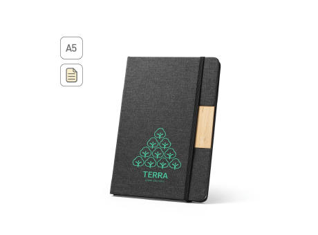 MÁRQUEZ. Notizbuch im Format A5 mit festem Einband aus 100 % recyceltem PET-Gewebe und linierten Seiten aus 100% recyceltem Papier