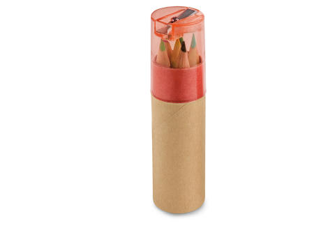 ROLS. Bleistiftbox mit 6 Buntstiften und einem Deckel mit Anspitzer