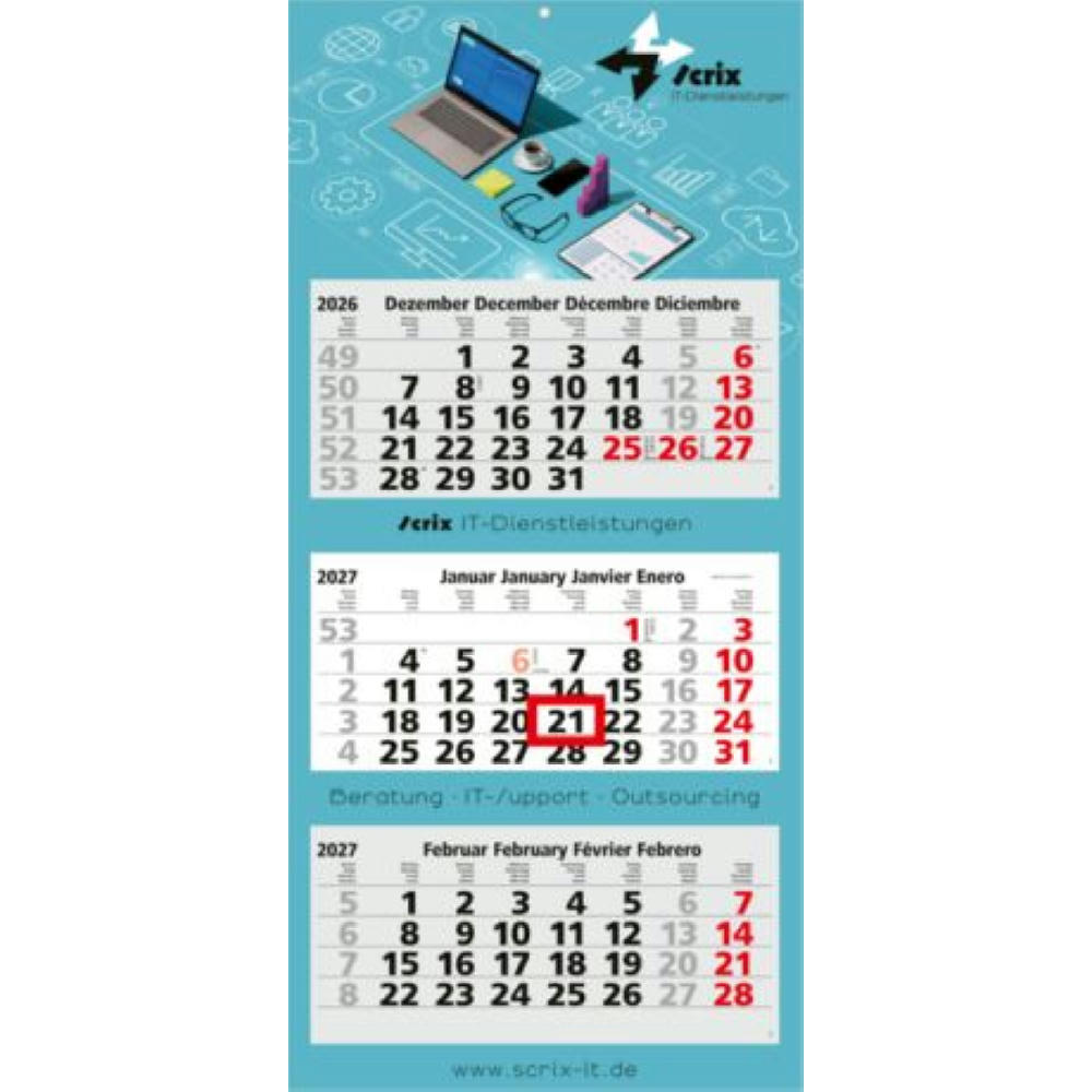 3-Monatskalender Mehrblock Maxi Light 3 mehrsprachig