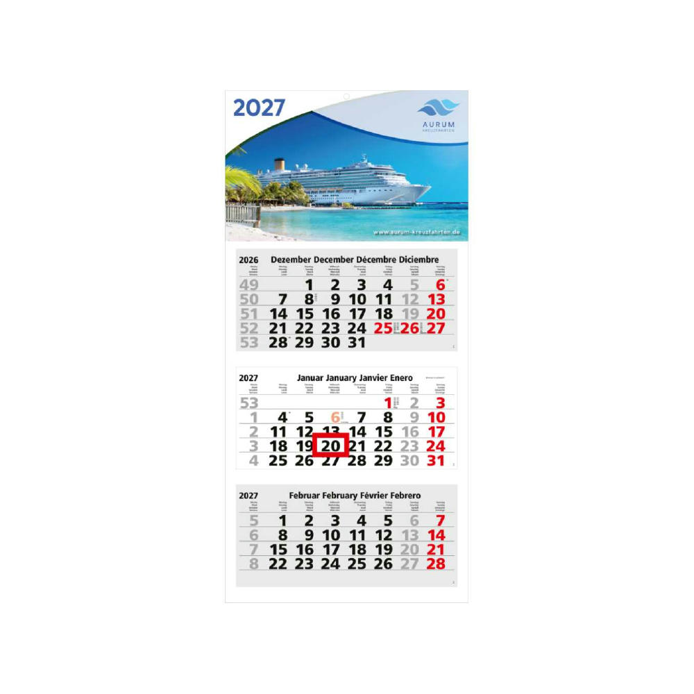 3-Monatskalender Mehrblock Medium Light 3 Werbung am Kopf