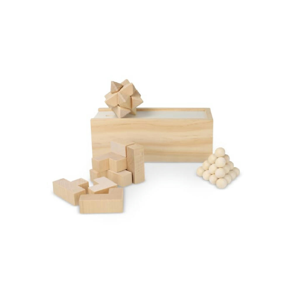 Dieses nachhaltige Set enthält drei spannende Denkspiele: ein Sternenpuzzle, ein Pyramidenpuzzle und ein 3D-Würfelpuzzle, die alle aus FSC-Holz gefertigt sind. Sie sind in einer FSC-Holzbox 