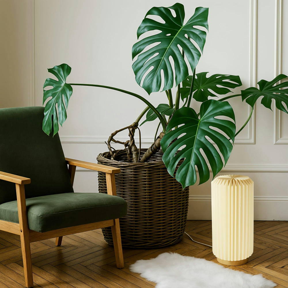 Coollux faltbare Papier-LED-Lampe Aurora Tall auf Holzsockel, 32cm