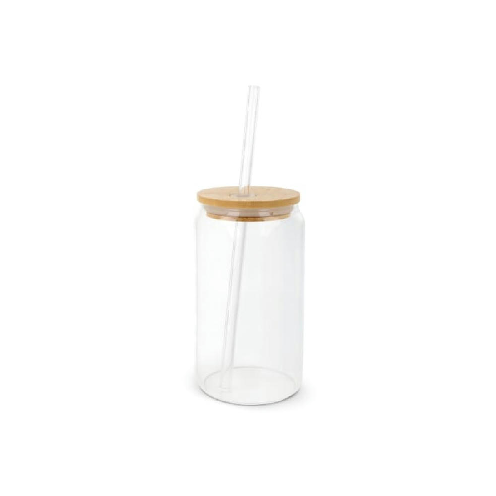 Glas mit Bambusdeckel & Strohhalm 450ml