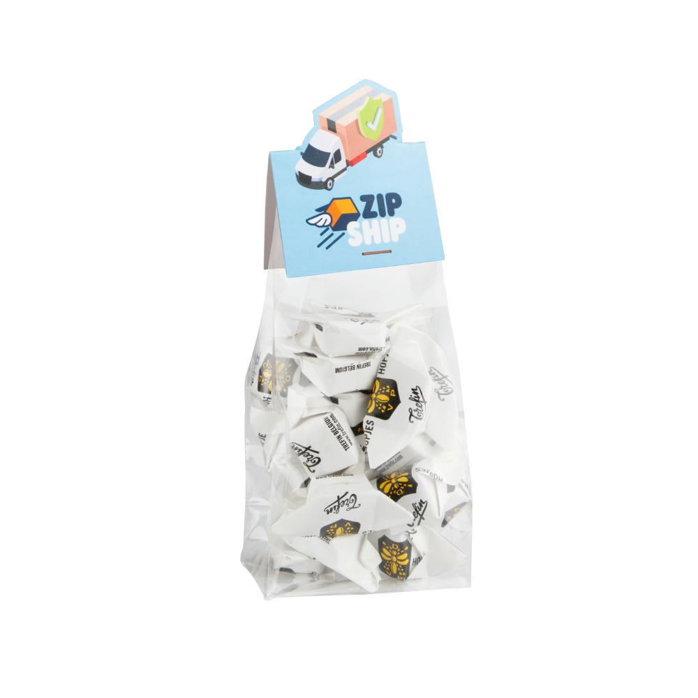 Blockbeutel mit Headerkarte in Ihrer eigenen Form und 100 Gramm Süßigkeiten