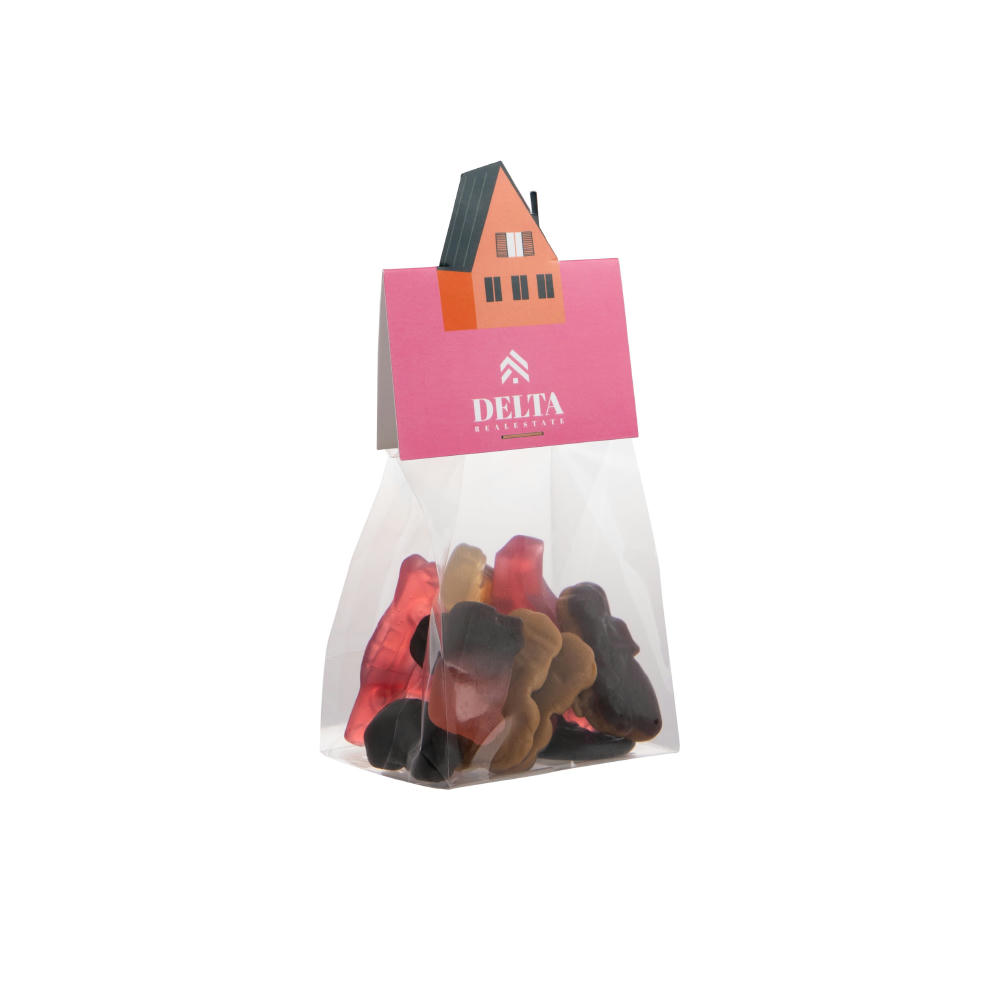 Blockbeutel mit Headerkarte in Ihrer eigenen Form und 50 Gramm Süßigkeiten